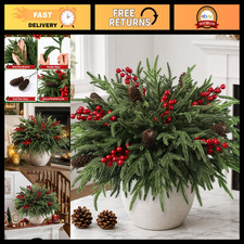 JOICEE 24Pcs Real Touch Norfolk Pine Branches with Pinecones Red Berries picture