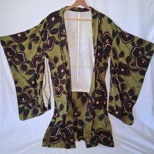 Vintage Hand Stitched Kimono Shirt Jacket Green Black Floral Authentic Ethnic picture