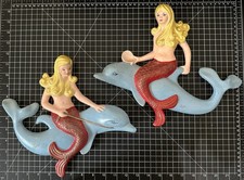 Pair of Vintage Atlantic Mold Mermaids Riding on Dolphins Wall Art MCM VGC picture