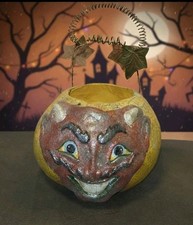 Vintage Halloween Paper Mache Devil Jack O Lantern Pumpkin Pulp Bucket Rare picture