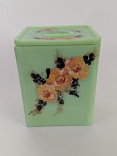 Jeannette Jadeite Square Hand painted Floral Glass Canister 1930's picture