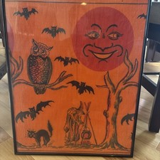 Vintage 40s Antique Halloween Witch Owl Moon Crepe Paper Framed 16x20” Denison? picture