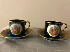 Limoges Castel Black Porcelain 22K Gold Demitasse 2 Cups & Saucers Set picture
