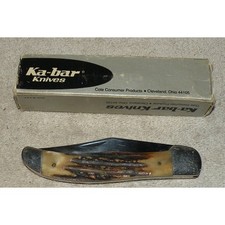 Vtg 70’s Ka-Bar Folding Hunter Pocket Knife Genuine Stag Handles Mod. 1197 Box picture