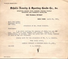 Schultz Novelty & Sporting Goods Co Inc 1931 NY Antique Letterhead Billhead TC25 picture
