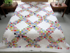 BIG Vintage Machine Pieced Hand Quilted Feed Sack TRIPLE IRISH CHAIN Quilt Good picture
