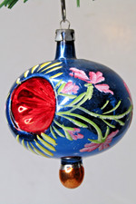 VTG Glass Indent STARBURST Pink FLOWER Pictured DROP Christmas Ornament Poland picture