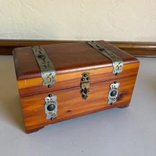 Antique 1940s Wooden Cedar Keepsake Box Metal Straps picture