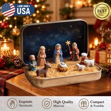 2× Mini Christmas Nativity Set in Tin Box Pocket Holy Family Figurines Gifts USA picture