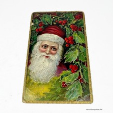 Antique 1910 Christmas Postcard Santa Claus Face Holly Embossed Germany Posted picture