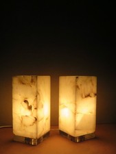 Pair Vintage Minimalist White Onyx Alabaster Block Table Lamps Acrylic Base 11