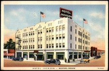 Hotel Jackson Medford Oregon Linen Postcard 1943 Vintage Cars Curt Teich picture