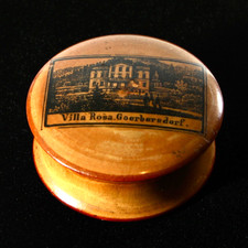 Antique c1870 Villa Rosa Görbersdorf Sanatorium Turned Wood Souvenir Pill Box picture