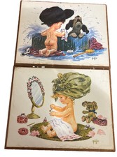 Vintage Mid Century Anna Griffin Wall Art Plaques Pair Kids & Puppy Kitsch picture