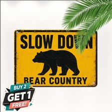 Slow Down Bear Crossing Sign Yellow Black Caution Metal Tin Wall Plaque picture