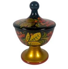 VTG Russian Khokholoma Lacquer Hand Painted Folk Art Container Jar w Lid USSR picture