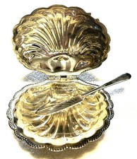 VTG Sheffield England Silver Plated Clam Shell Butter Dish Glass Insert Knife picture