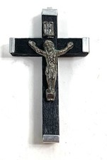Antique Vtg Ebony Wood Silver INRI Cross Rosary Crucifix Pendant ITALY picture