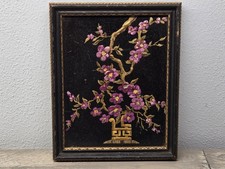 Vintage Framed Chinese Black Lacquer and Gold Leaf Floral Cherry Blossom Art picture