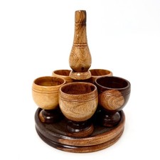Vintage Hand Turned Wood Shot Glass Set 6 Cups with Round Caddy Tray Brown MCM picture