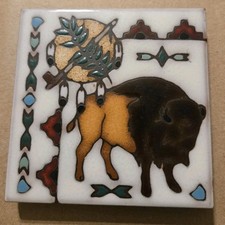 VTG MASTERWORKS ART TILE BUFFALO NATIVE AMERICAN DESIGN TRIVET 4x4  picture