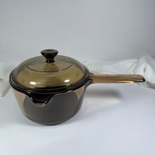 Vintage Corning Vision Amber Sauce Pan Pot w/ Lid Handle Spout 1 Liter - TEFLON picture