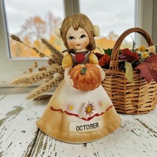 VTG Lefton Porcelain October Birthday Girl Fall Pumpkin Figure Brown Hair 4.25