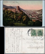 1914 Heidelberg Castle Terrace Germany postcard Frankfurt cancel Germania stamps picture