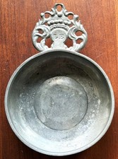 Antique American Pewter Coronet-Handled Porringer, smallest IC, Boston, 1700s picture