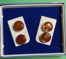 (4)1970’s SWANK BUTTON TOPPERS RED w/GOLD CROWNED LION DESIGN UNDER PLASTIC-B434 picture