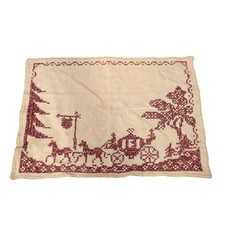 Vintage embroidered  Placemat Carriage & Horses fairy tale burgundy Cream Linen picture