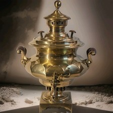 Antique Russian Samovar Tula Three Batashev Brothers Lobed Melon Brass Tea Urn  picture