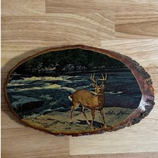 Vintage Milo Maine Buck Deer on River Bank Wood Slab Wall Plaque Cabin Decor USA picture