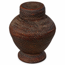 Round Brown Wicker Storage Basket With Lid, Woven Basket Weave, Jar Shape picture