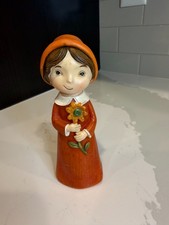 Vintage M.D. Girl Figurine Orange Dress Hat Sunflower Hand Painted Ceramic 5.5