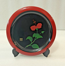 Vintage Benbo Ryukyu Urushi Ware Black Lacquer Display Okinawa Japan Hibiscus picture