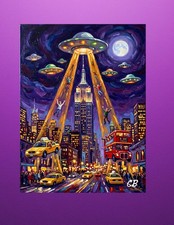UFO Abduction Empire State ACEO | Purple Sky Folk Art | NYC Alien Invasion Art picture