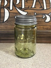 ATLAS dropped A Strong Shoulder Green Glass Mason Jar w/Zinc Lid picture