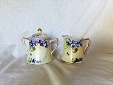 Antique Takito Japan Porcelain Sugar Bowl Creamer Set Hand Painted Violets 1920s picture