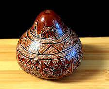 Vintage SIGNED Peruvian Mate Burilado Hand Carved Gourd  Village Life 1999 picture