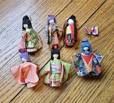 Vtg Japanese Washi Paper Dolls Lot of 6 Kimono Geisha Chiyogami Miniature 2.5