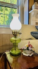 Vintage Green Electric Hurricane Lamp White Milk Glass Shade Parlor Light picture