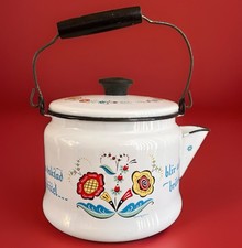 Vintage Berggren Swedish Enamelware Teapot Scandinavian Folk Art Floral MCM 1960 picture