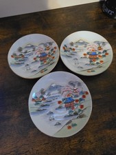 3 Vintage Japanese Kutani Saucers Mt Fuji Pagoda Hand Painted Porcelain Plates picture