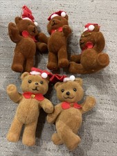 VTG Set of 5 Flocked Fuzzy Teddy Bears w/Santa Hats Christmas Ornaments Lot 3 picture
