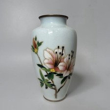 Vintage Japanese Ginbari Cloisonne Vase Light Blue Floral Brass Rim Read picture