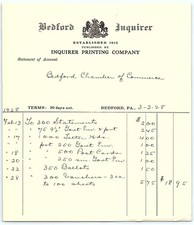 1928 Bedford Inquirer Printing Co. billhead, blank back picture