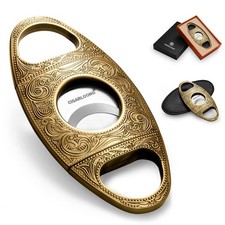 Cigar Cutter Stainless Steel Bronze Engraved Double Cut Blade (Color:Gold1) picture