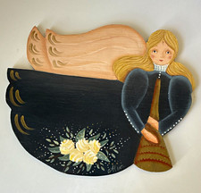 Hand Painted Signed Alva Wood Angel Figurine Wall Plaque Floral 10 in x 8 in picture