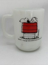 Vintage 1958 Snoopy Fire King Milk Glass Mug “I Think I’m Allergic To Morning” picture
